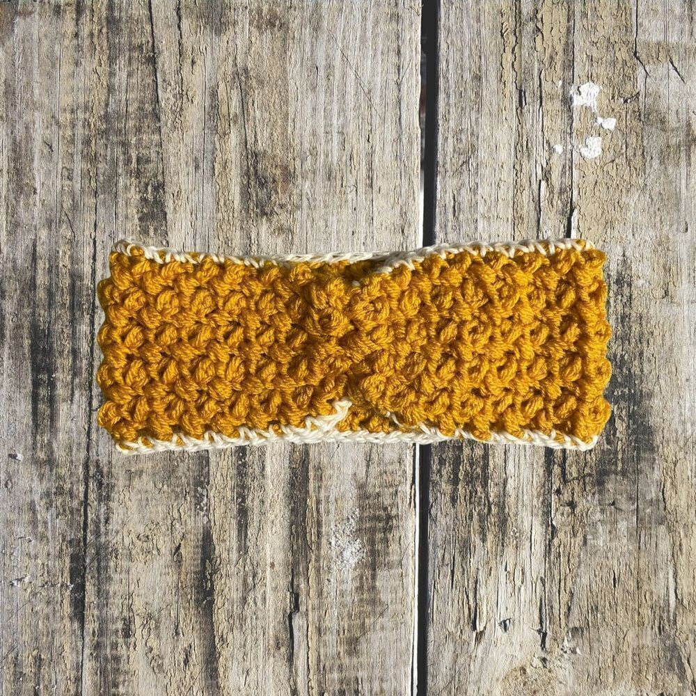 Mustard Yellow White Cozy Handmade Crochet Adult Ear Warmer Fall Winter Headband